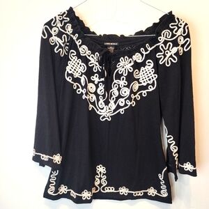 Lauren Michelle Black & White Embroidered Tunic Top Stretch Size L‎